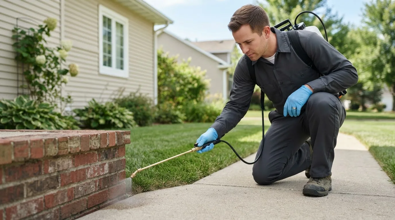 Pest control technician treating a home near Mooreland, IN