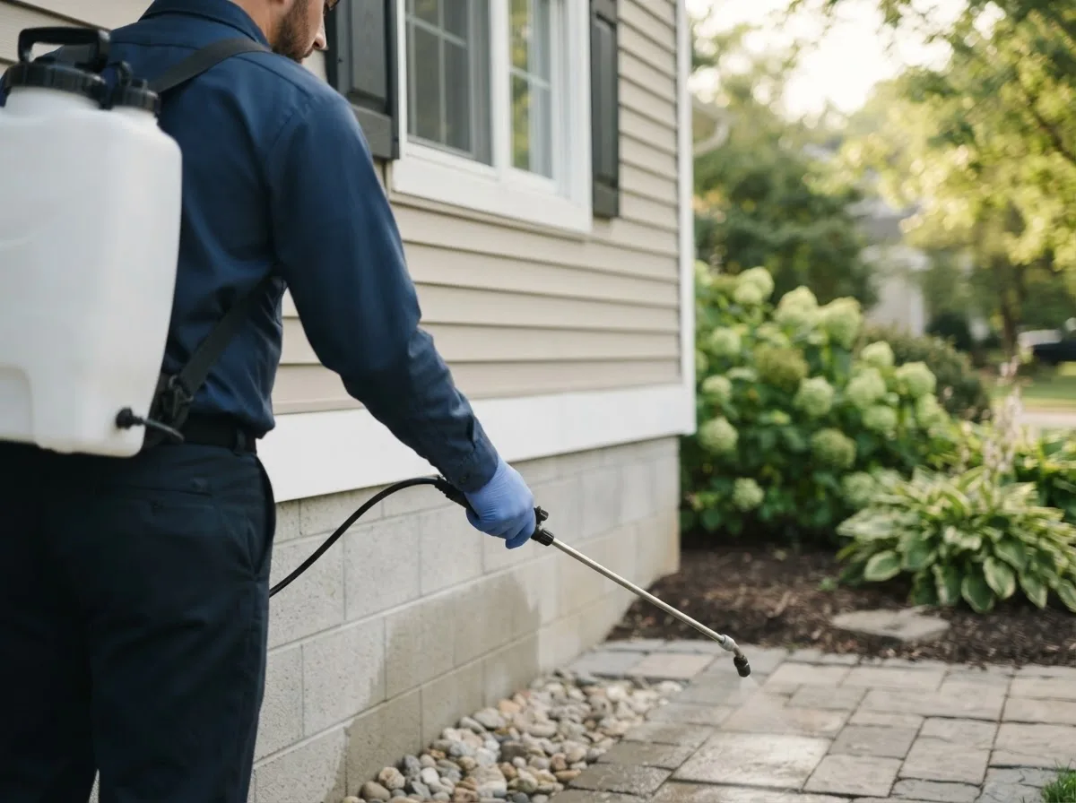Pest control technician inspecting a home in Mooreland, IN